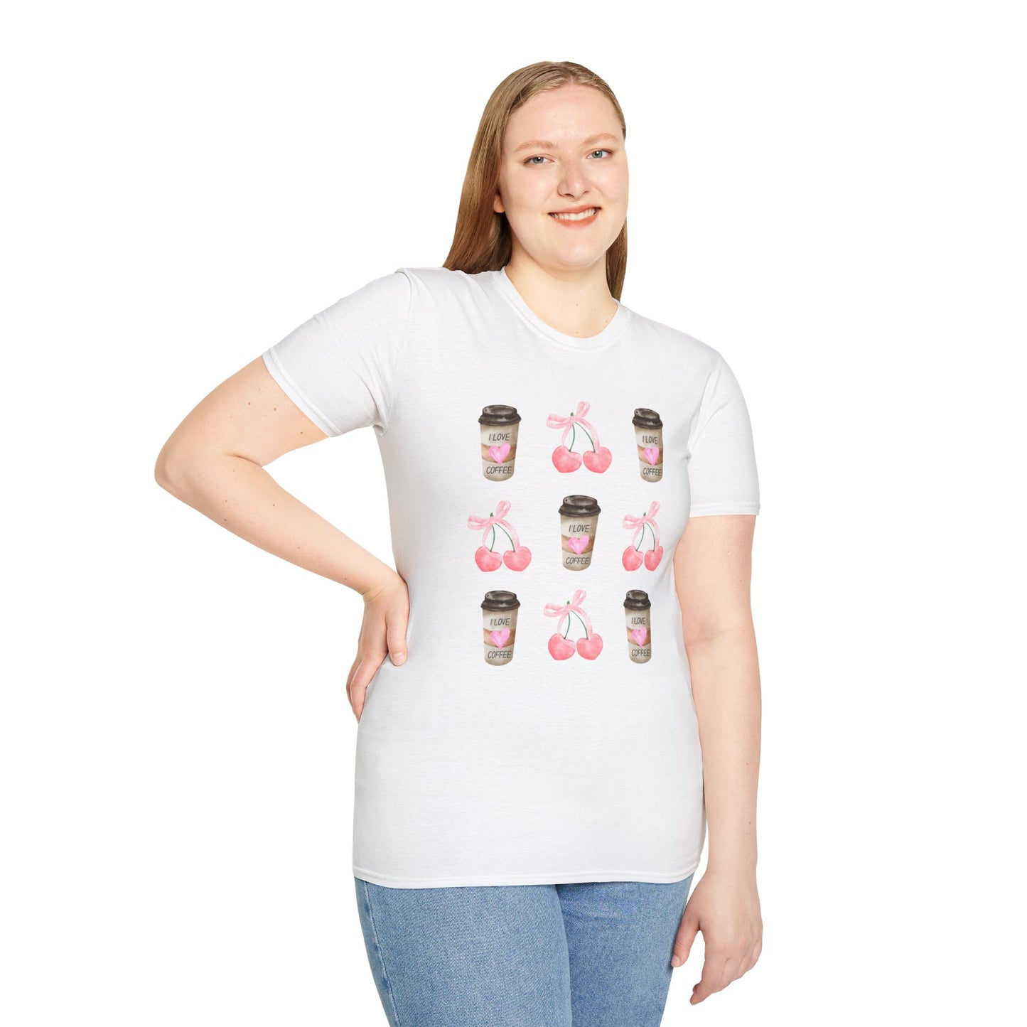 I Love Coffee - Pink Watercolor Coquette Girly Designs - Unisex Softstyle T-Shirt