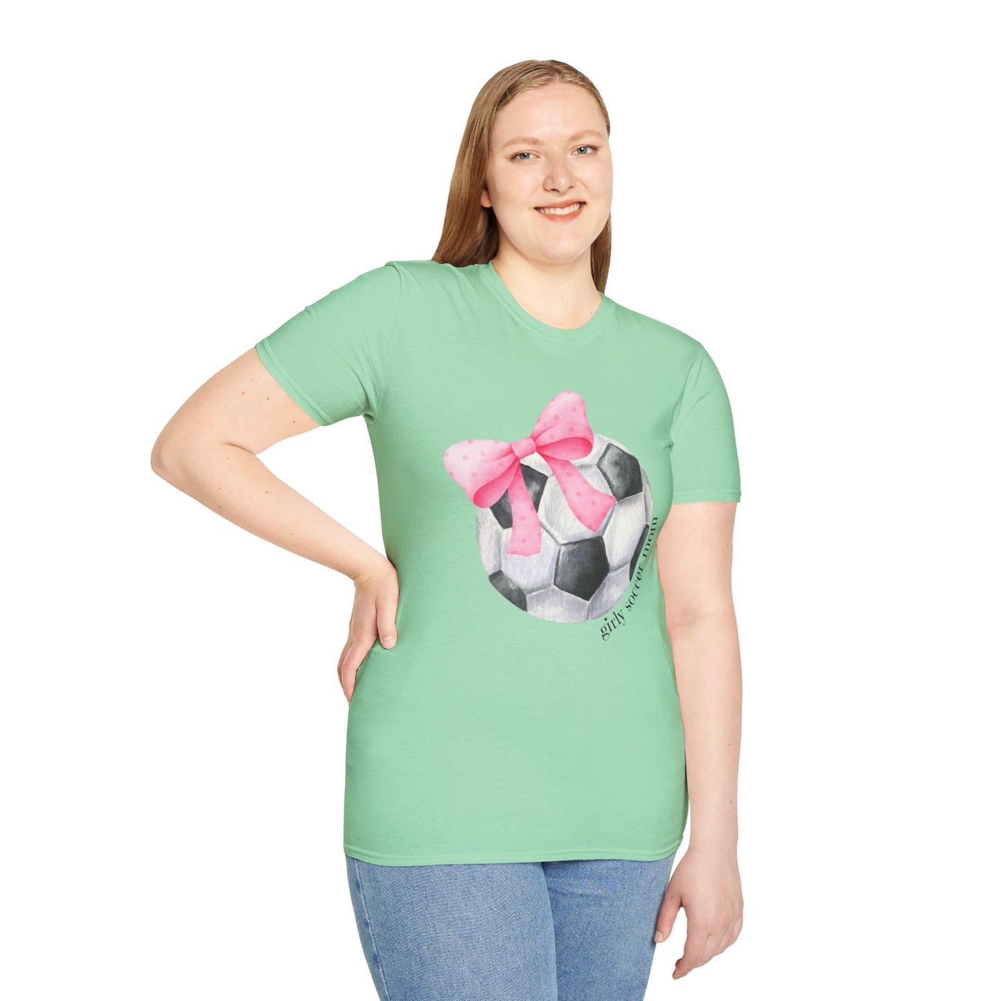 Coquette Girly Soccer Mom - Pink Watercolor Coquette Girly Designs - Unisex Softstyle T-Shirt