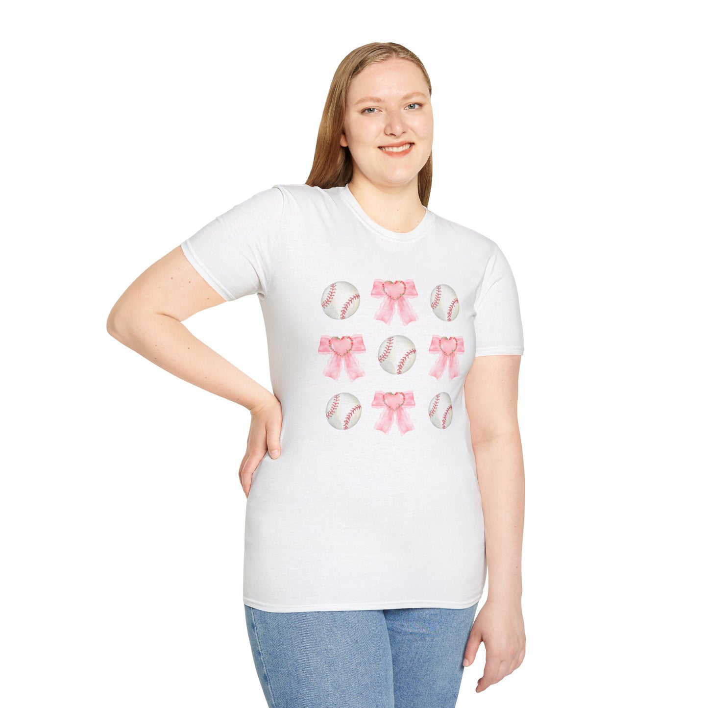 Baseball and Bows - Pink Watercolor Coquette Girly Designs - Unisex Softstyle T-Shirt