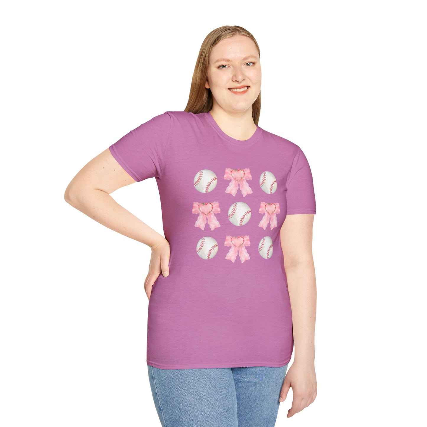 Baseball and Bows - Pink Watercolor Coquette Girly Designs - Unisex Softstyle T-Shirt