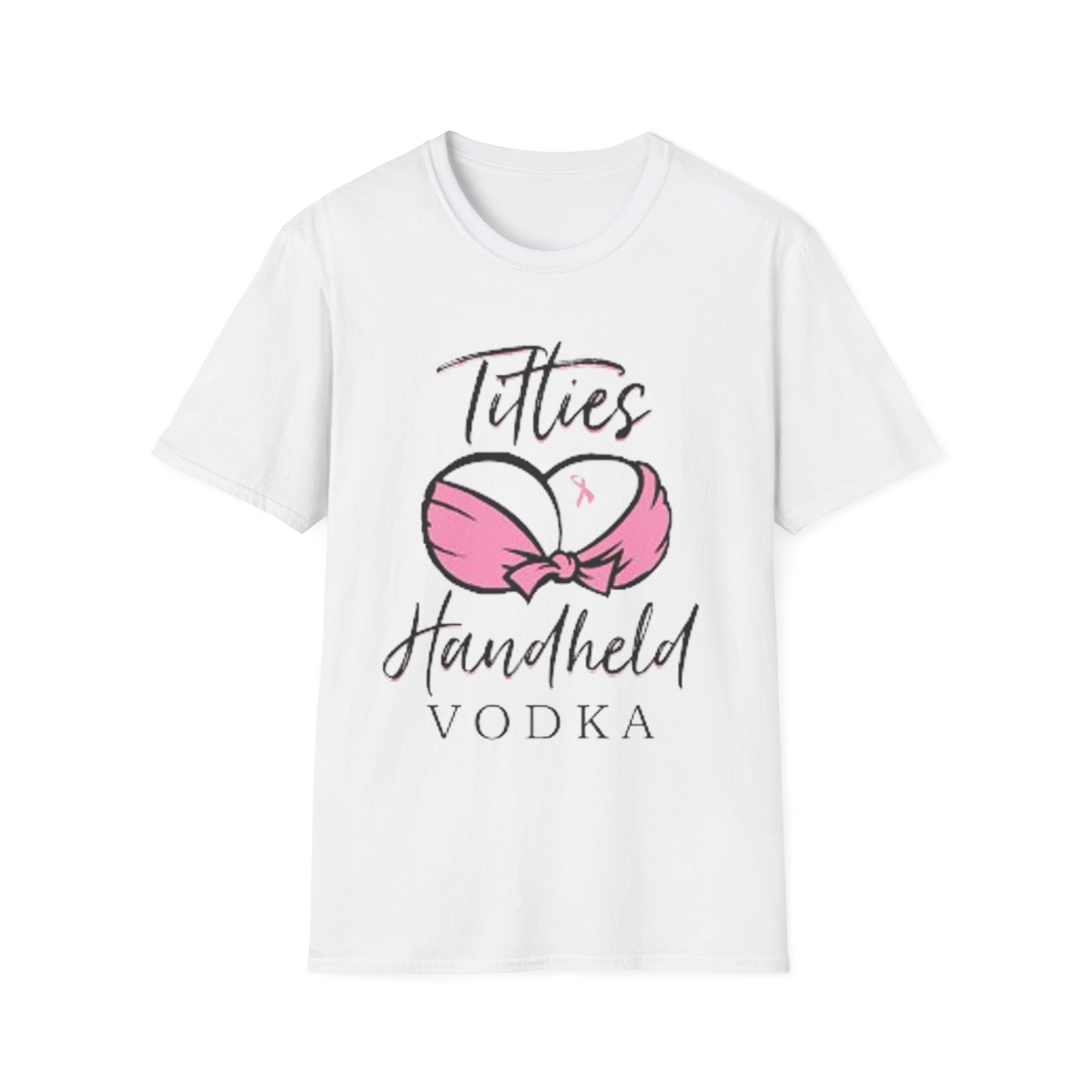 Totties Handheld Vodka Pink Ribbon - Unisex Softstyle T-Shirt