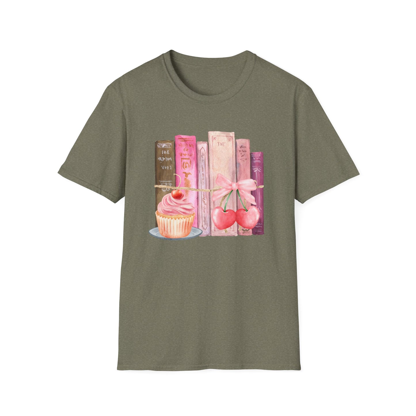 Cupcake and Books - Pink Watercolor Coquette Girly Designs - Unisex Softstyle T-Shirt