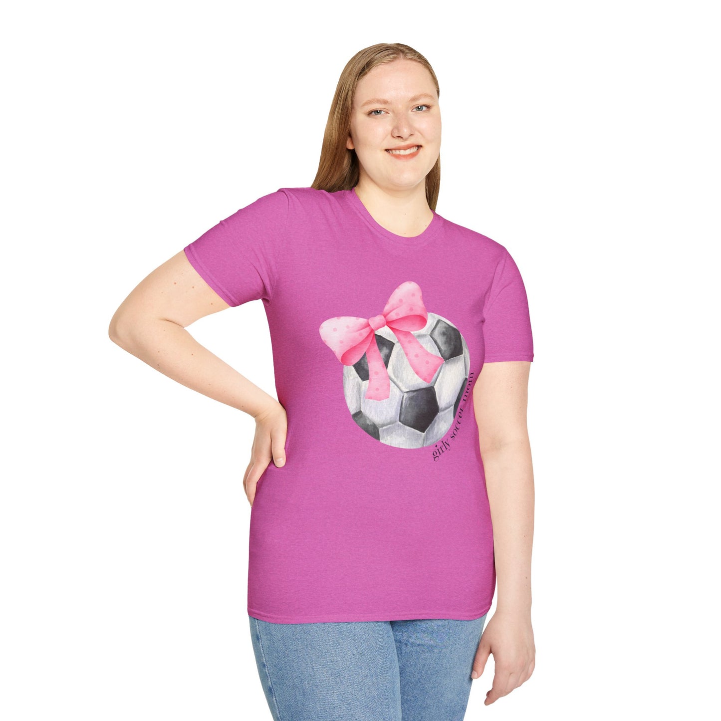 Coquette Girly Soccer Mom - Pink Watercolor Coquette Girly Designs - Unisex Softstyle T-Shirt