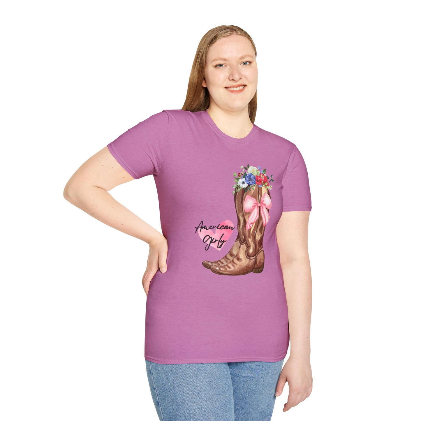 American Girly - Pink Watercolor Coquette Girly Designs - Unisex Softstyle T-Shirt