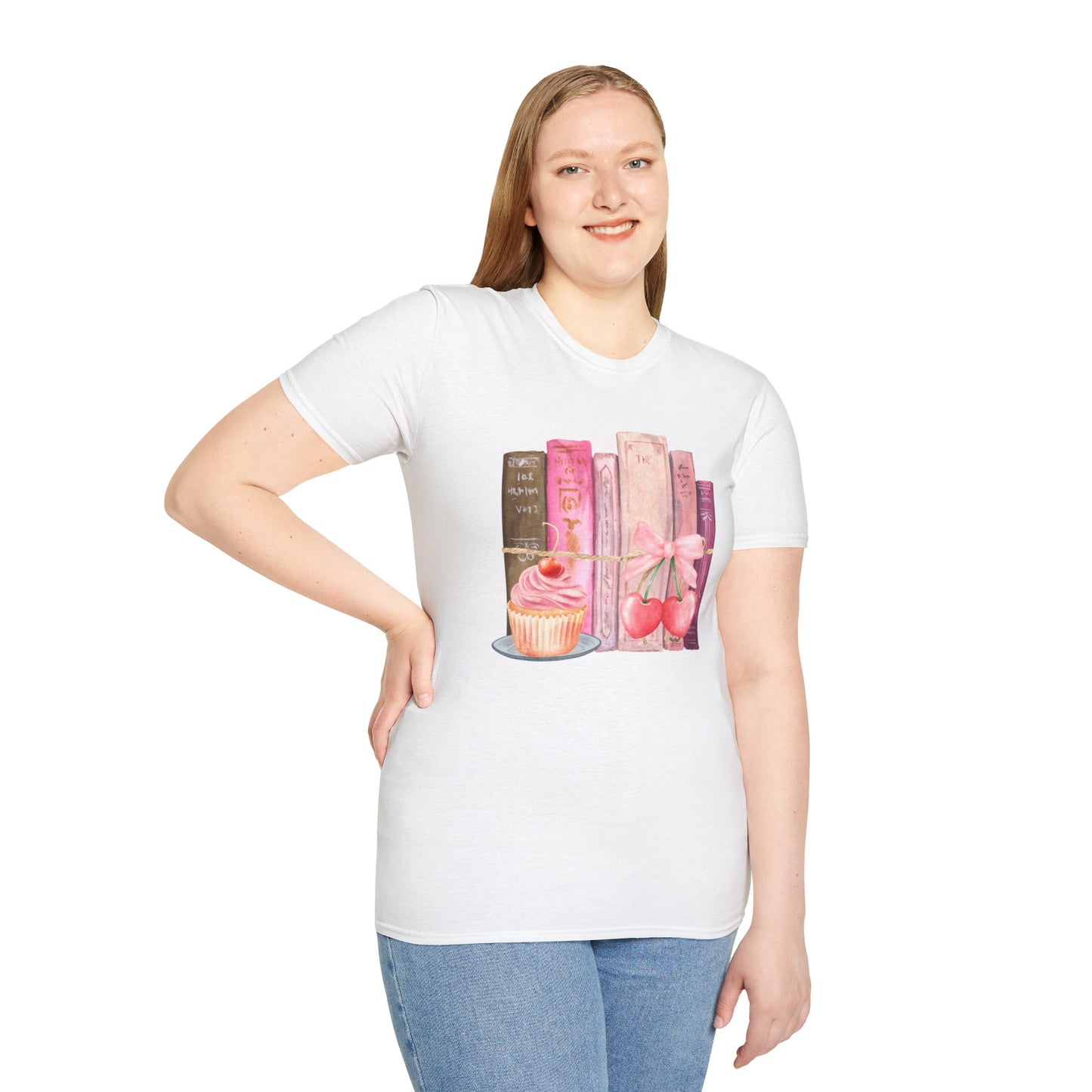 Cupcake and Books - Pink Watercolor Coquette Girly Designs - Unisex Softstyle T-Shirt