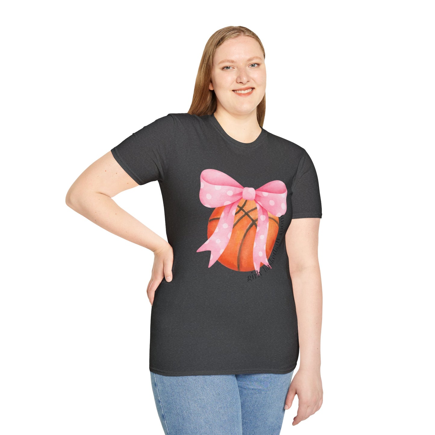 Coquette Girly Basketball Mom - Pink Watercolor Coquette Girly Designs - Unisex Softstyle T-Shirt