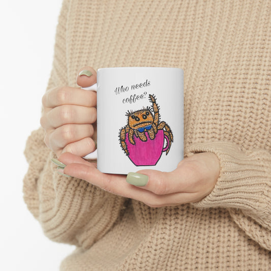 who needs coffee ceramic mug spood jumping spider