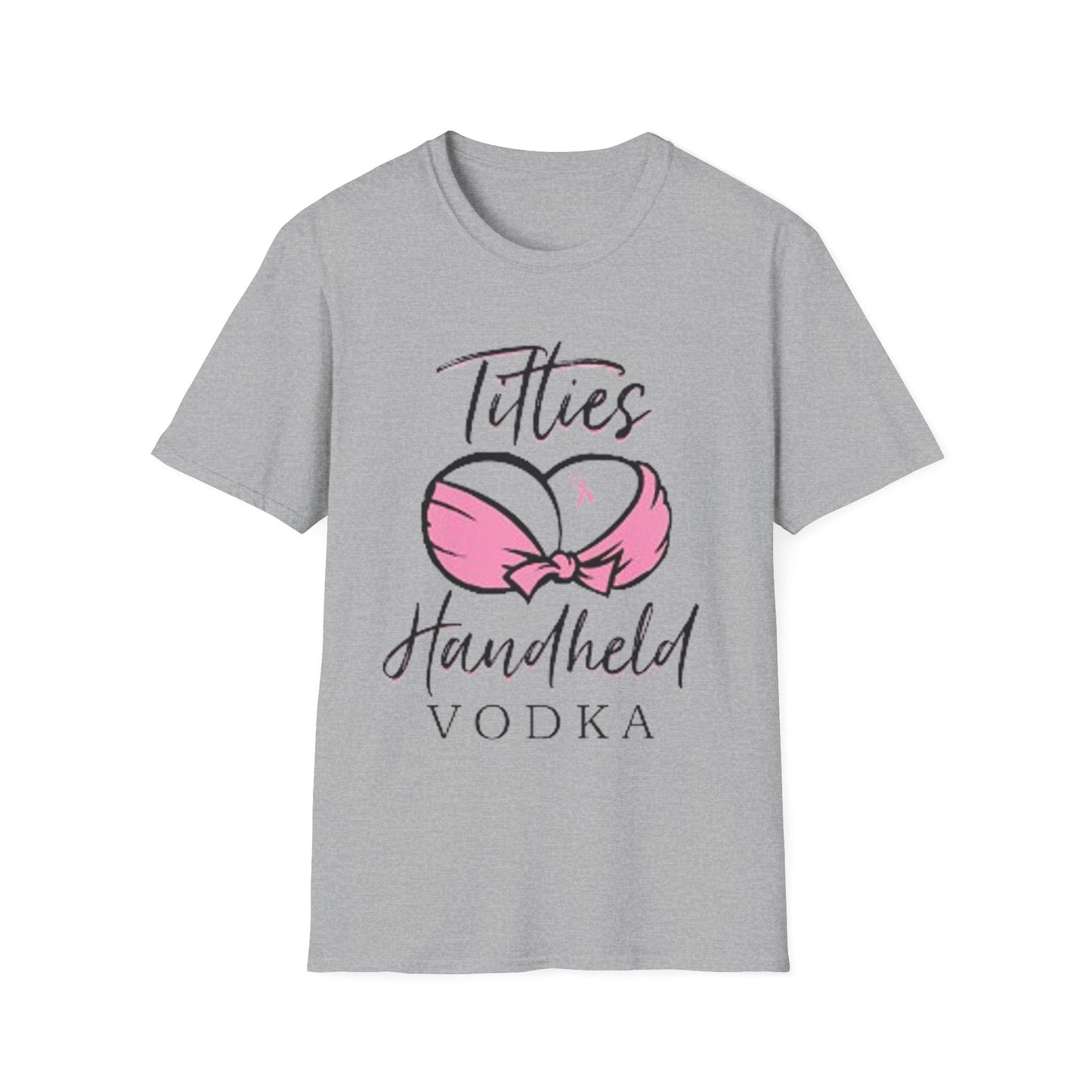 Totties Handheld Vodka Pink Ribbon - Unisex Softstyle T-Shirt