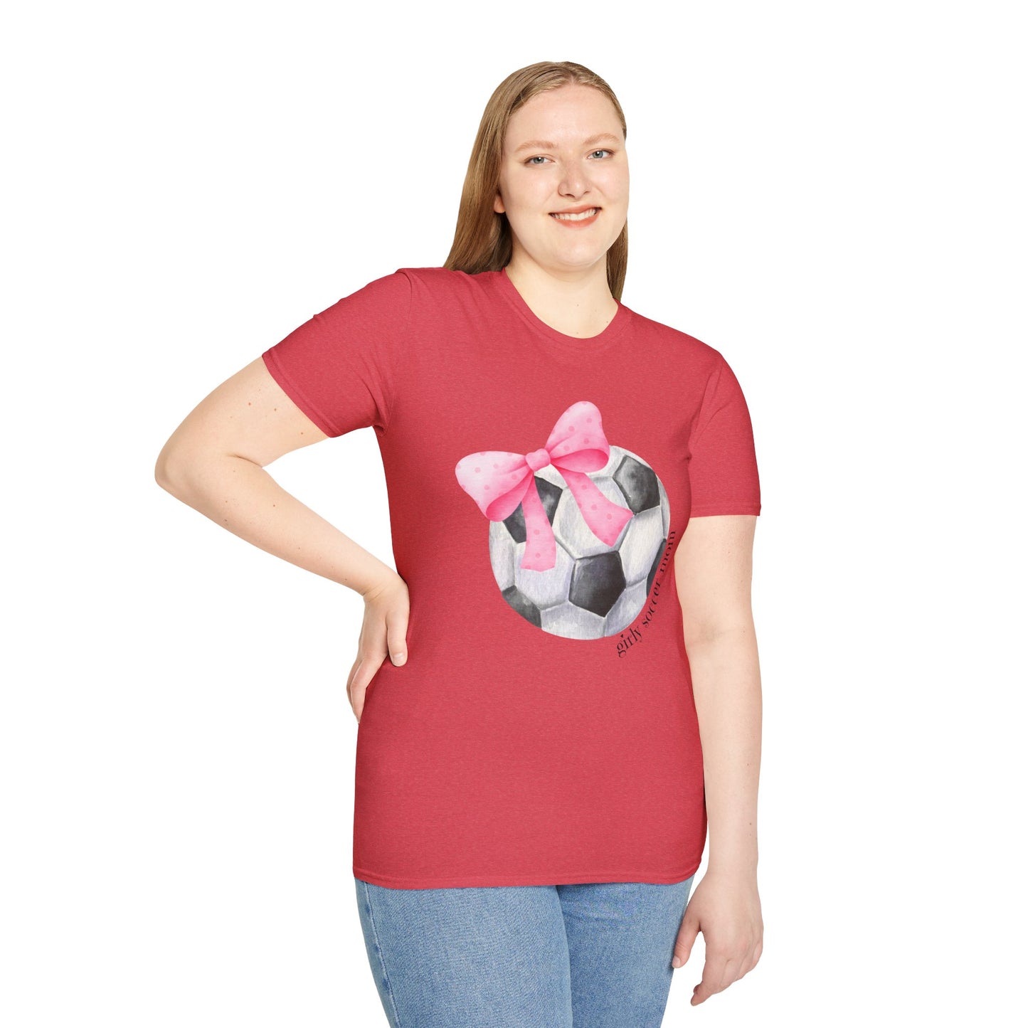 Coquette Girly Soccer Mom - Pink Watercolor Coquette Girly Designs - Unisex Softstyle T-Shirt