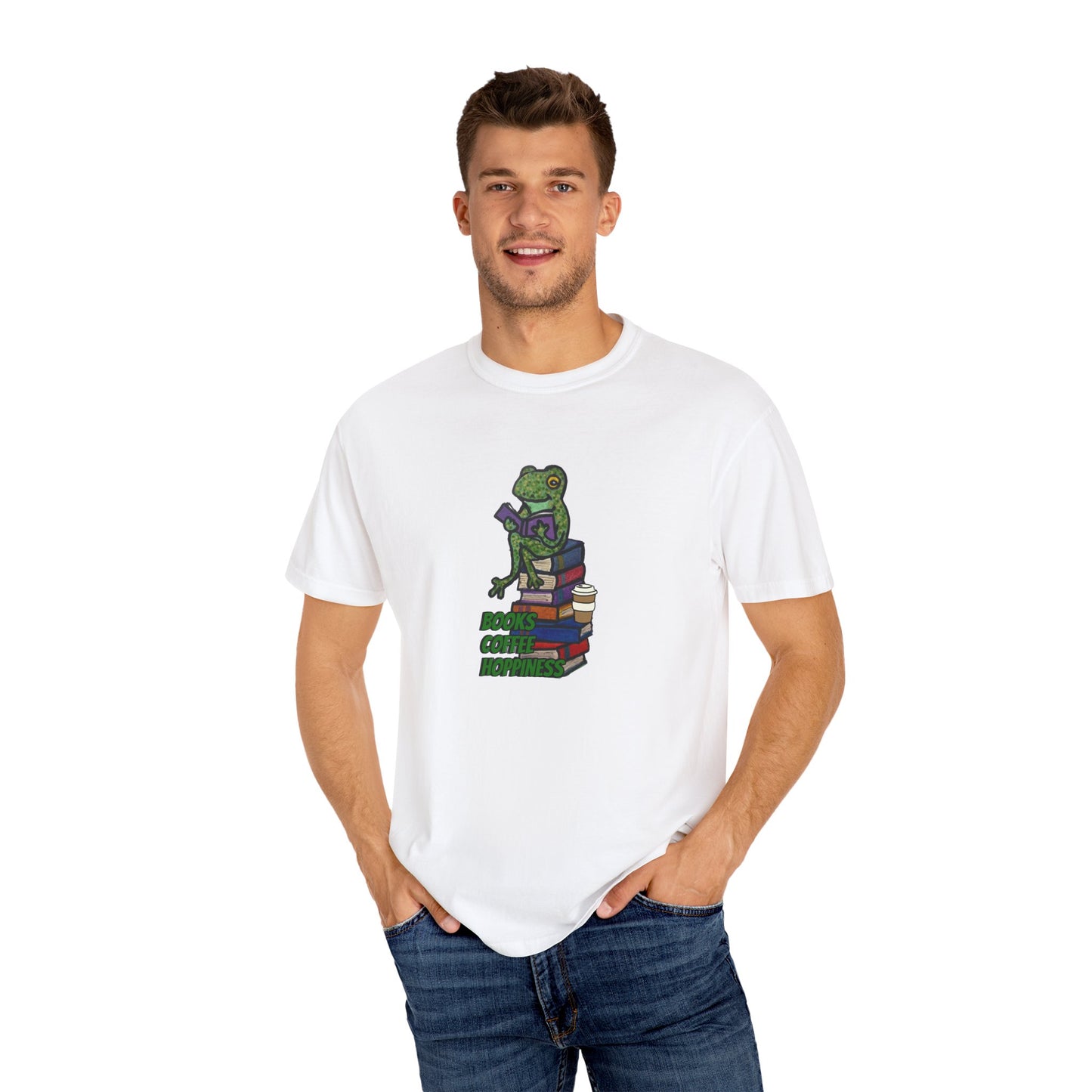 Unisex Garment-Dyed T-Shirt - 'Books Bring Happiness' Frog Design