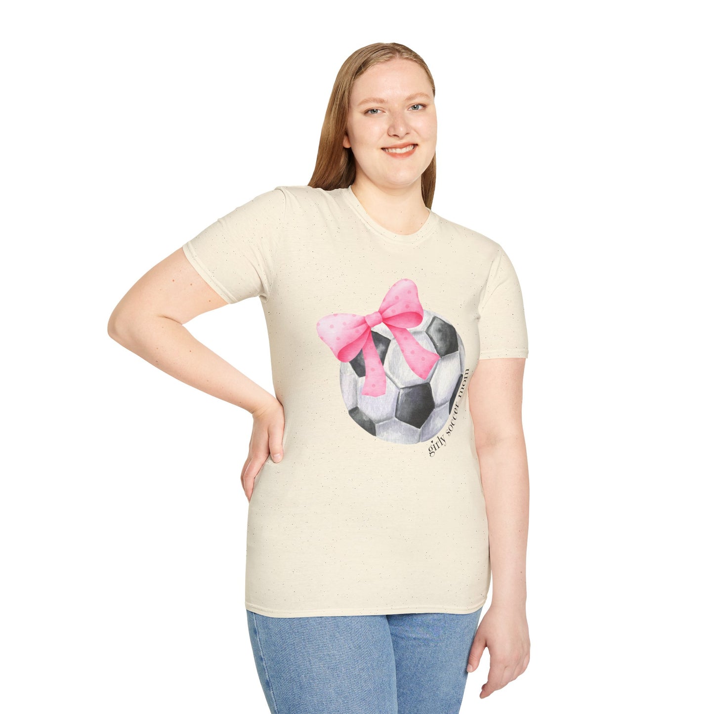 Coquette Girly Soccer Mom - Pink Watercolor Coquette Girly Designs - Unisex Softstyle T-Shirt