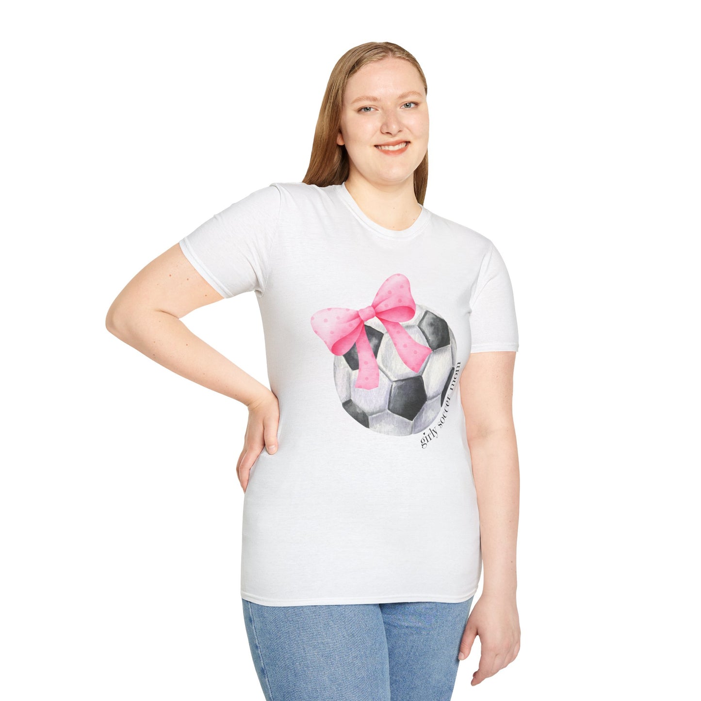 Coquette Girly Soccer Mom - Pink Watercolor Coquette Girly Designs - Unisex Softstyle T-Shirt