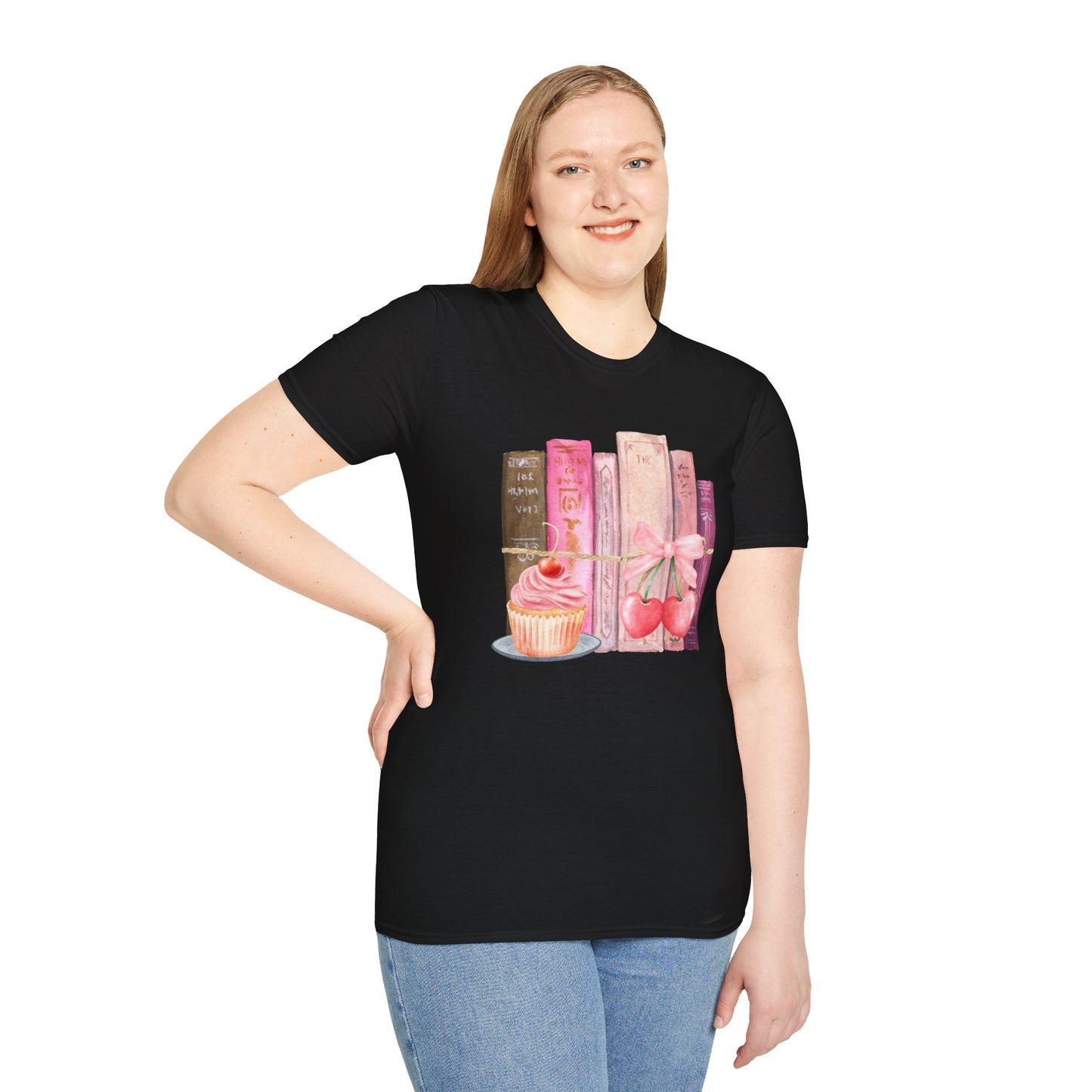 Cupcake and Books - Pink Watercolor Coquette Girly Designs - Unisex Softstyle T-Shirt