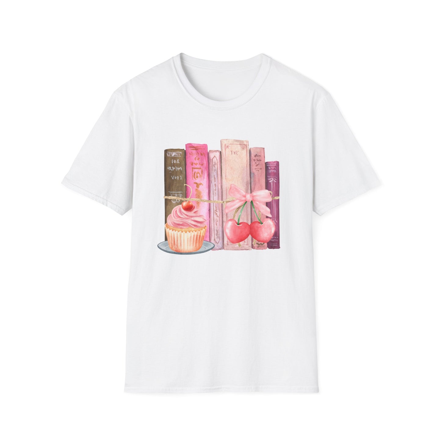 Cupcake and Books - Pink Watercolor Coquette Girly Designs - Unisex Softstyle T-Shirt